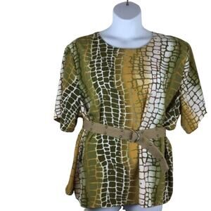 Secretary Chic Top Shirt Shell Animal Print Olive Mustard brown White Plus 3X